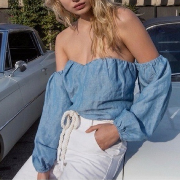 Free People Top Women’s Small In The Limelight Linen Blue Off-Shoulder Crop - Picture 1 of 10
